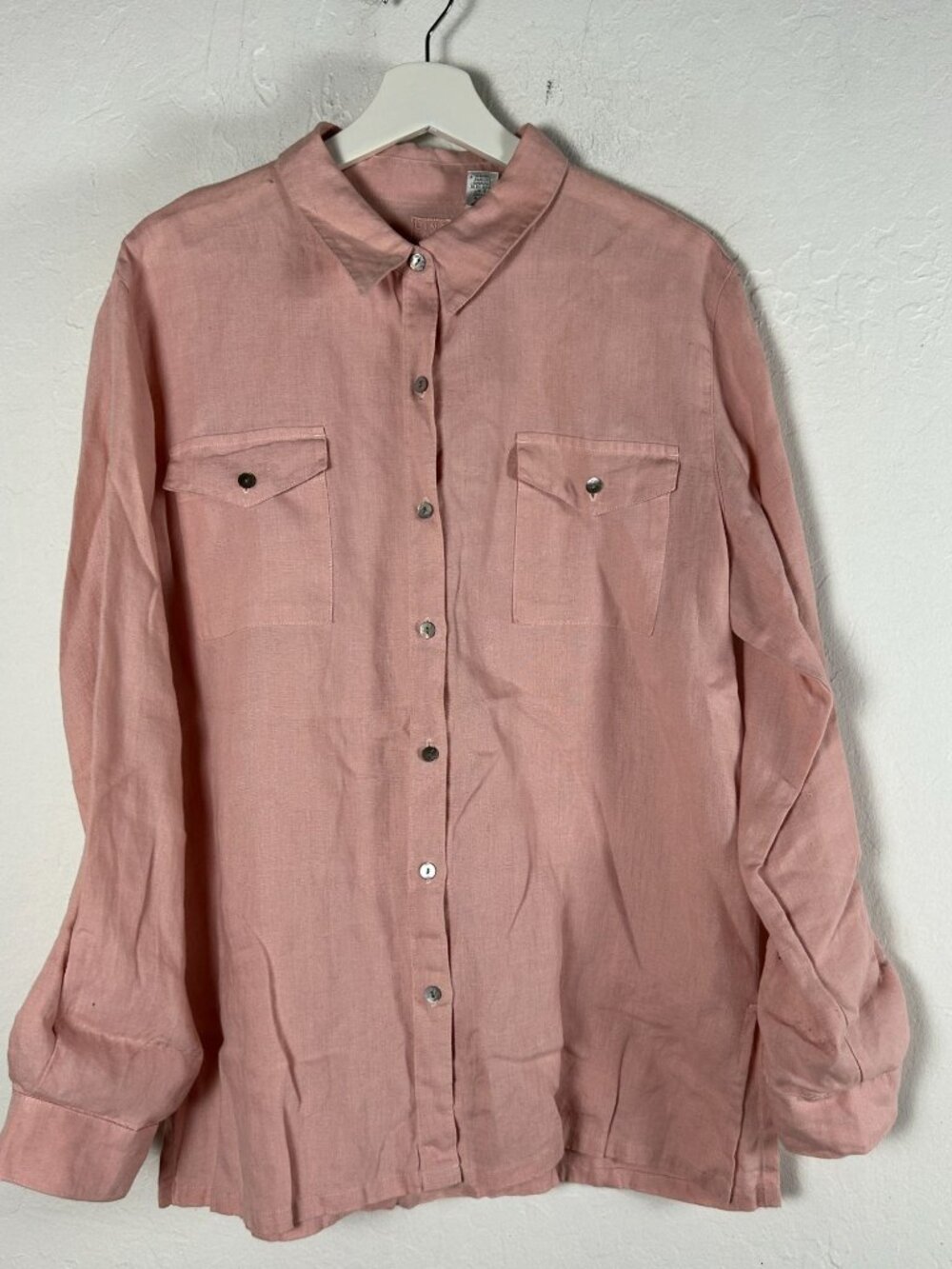 Lino By Chico's Womens Long Sleeve Linen Button-Up Shirt Size 2 Pink Pockets